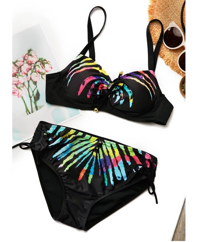 Printed Drawstring Side Spaghetti Strap Black Bikini Set